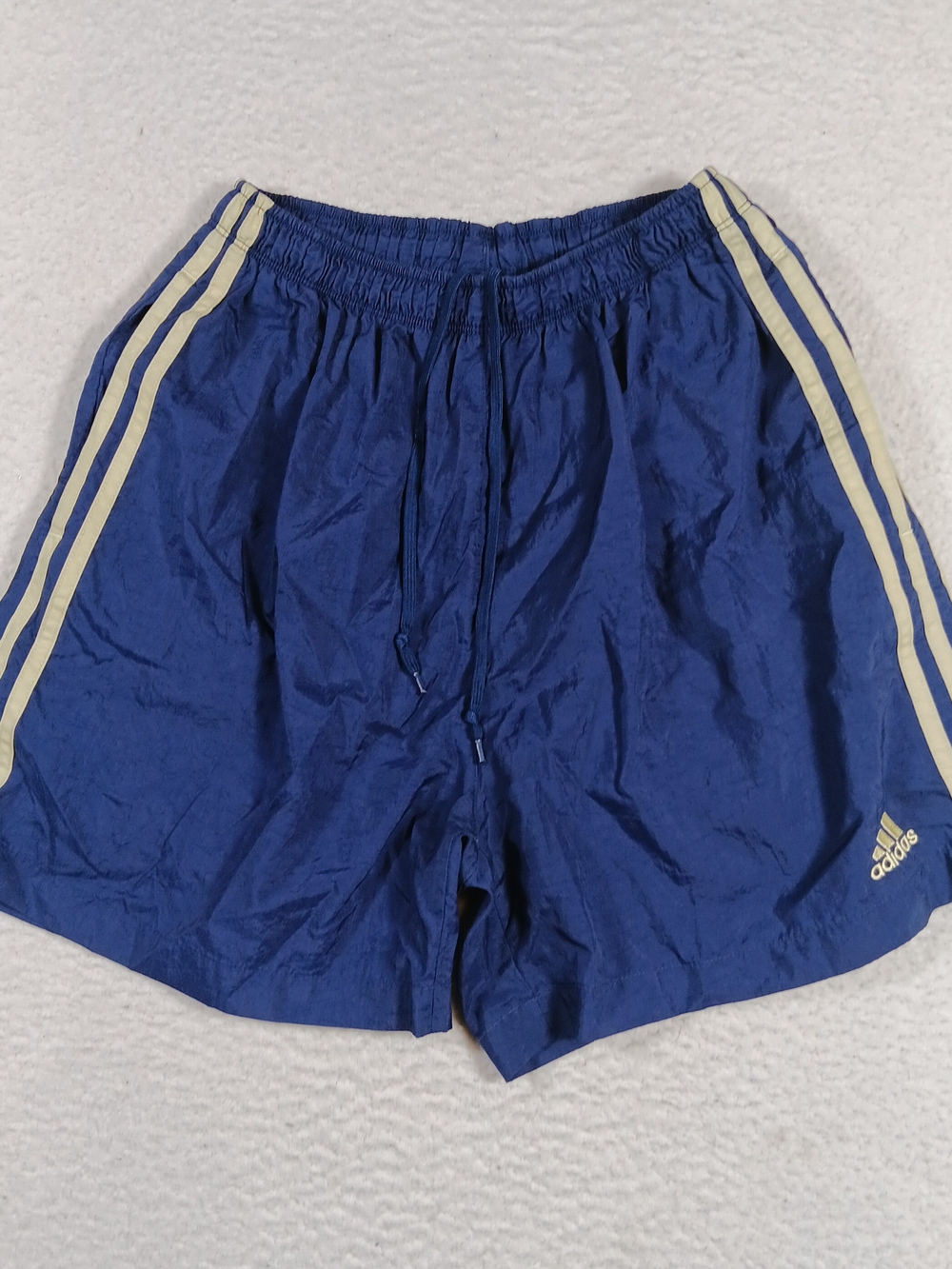 Vintage 00s Adidas Shorts Mens Medium Blue Striped Shiny Nylon Soccer Rugby Y2K